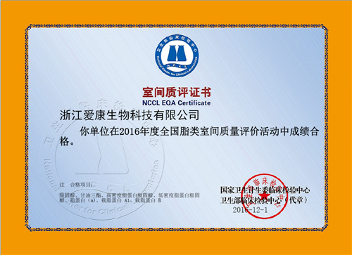 全国脂类室间质评合格证书